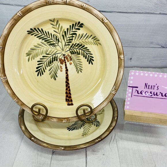 Home Trends WEST PALM Bamboo Border Tropical Earthenware Dinner Plates Set of 2 - Picture 1 of 12